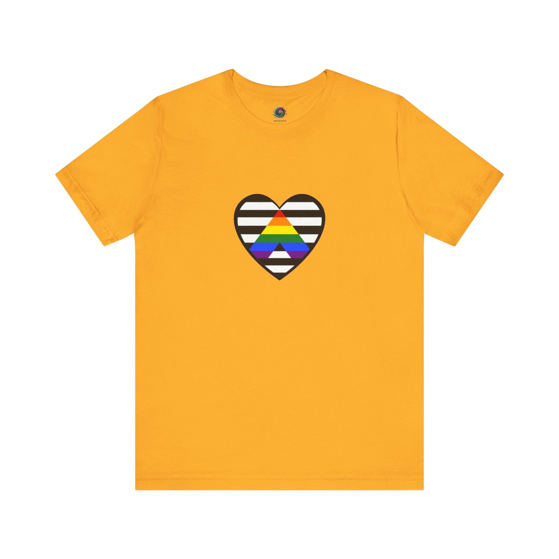 Heart Ally Flag T-Shirt – Subtle LGBTQ+ Support with Bold Pride in gold, featuring the colorful straight ally flag heart over monochrome stripes to stand out with pride.