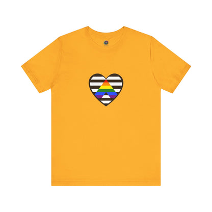 Heart Ally Flag T-Shirt – Subtle LGBTQ+ Support with Bold Pride in gold, featuring the colorful straight ally flag heart over monochrome stripes to stand out with pride.