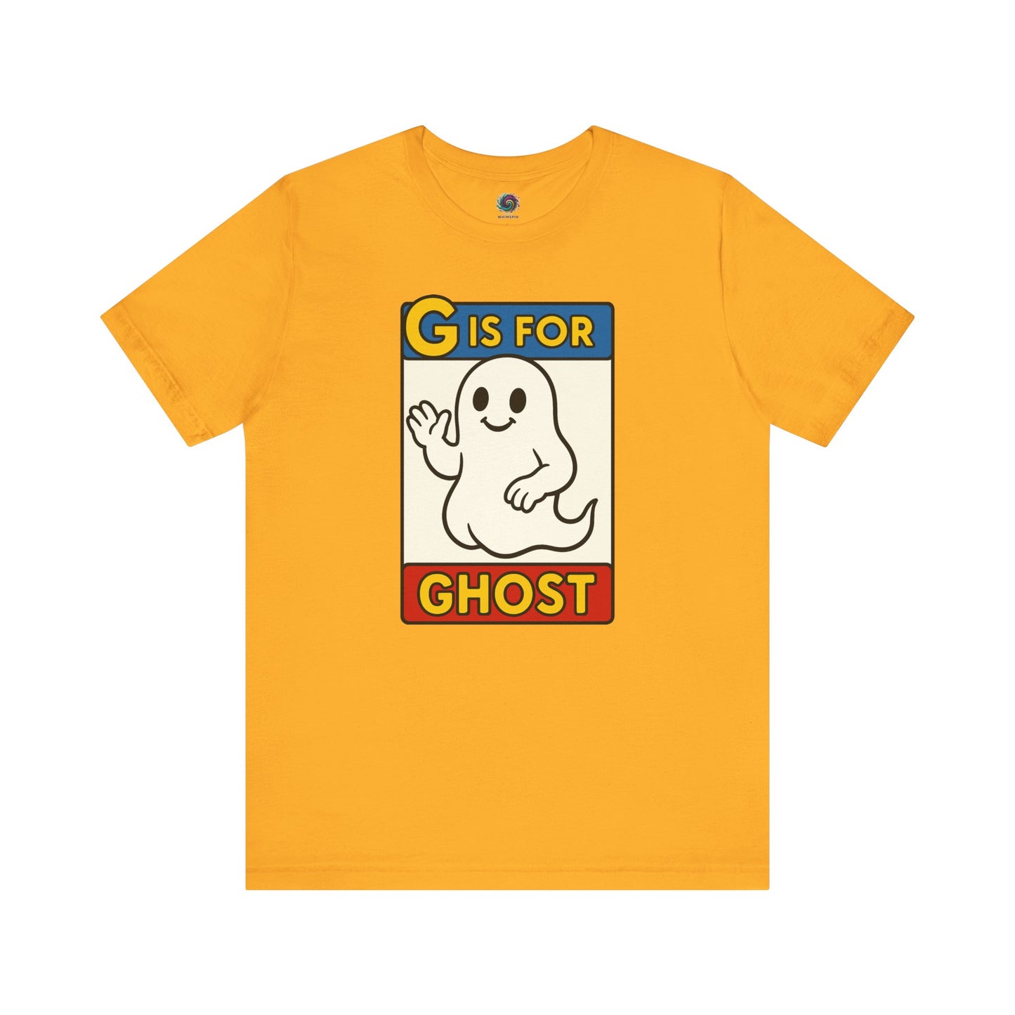 G is for Ghost T-Shirt – Funny Monster Alphabet Halloween Tee in gold, ghost alphabet shirt featuring cartoon ghost graphic.