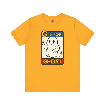 G is for Ghost T-Shirt – Funny Monster Alphabet Halloween Tee in gold, ghost alphabet shirt featuring cartoon ghost graphic.