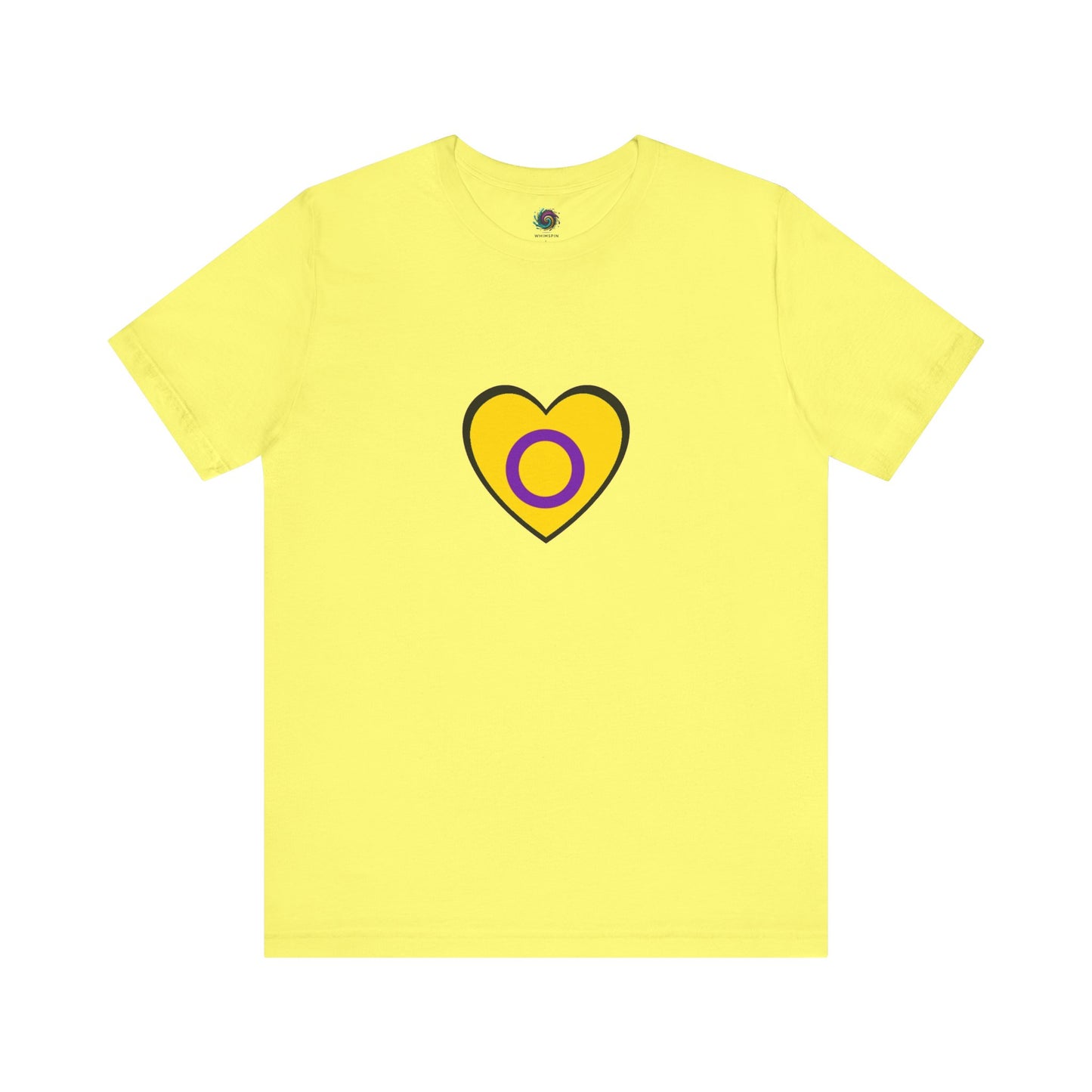 Intersex Pride Heart T-Shirt in yellow with vibrant matching intersex flag colors, designed for proud allies and intersex individuals.