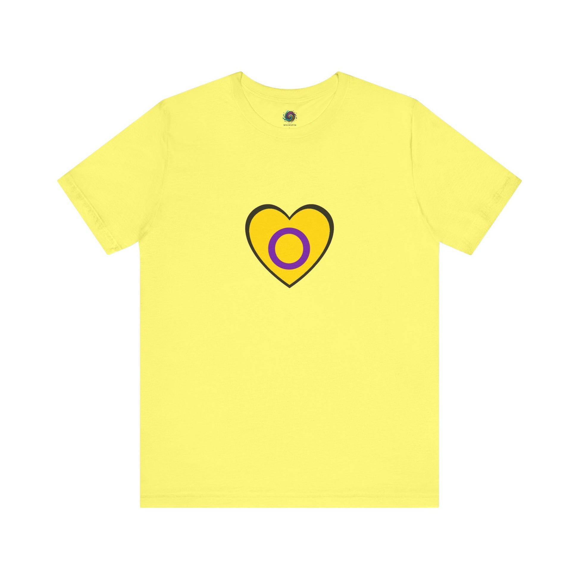 Intersex Pride Heart T-Shirt in yellow with vibrant matching intersex flag colors, designed for proud allies and intersex individuals.