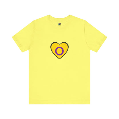 Intersex Pride Heart T-Shirt in yellow with vibrant matching intersex flag colors, designed for proud allies and intersex individuals.