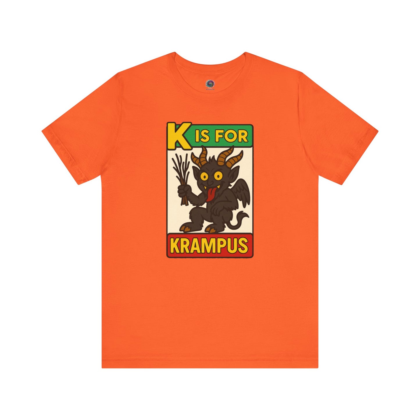 K is for Krampus Alphabet Holiday Graphic T-Shirt in Orange flat lay featuring K is for Krampus retro Christmas graphic