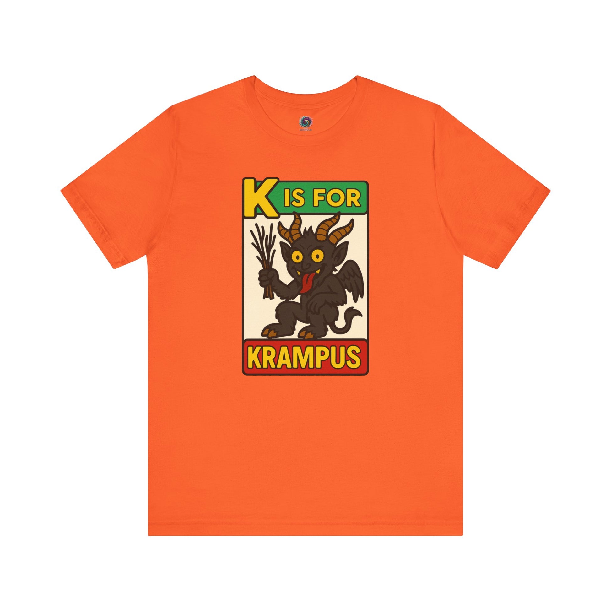 K is for Krampus Alphabet Holiday Graphic T-Shirt in Orange flat lay featuring K is for Krampus retro Christmas graphic