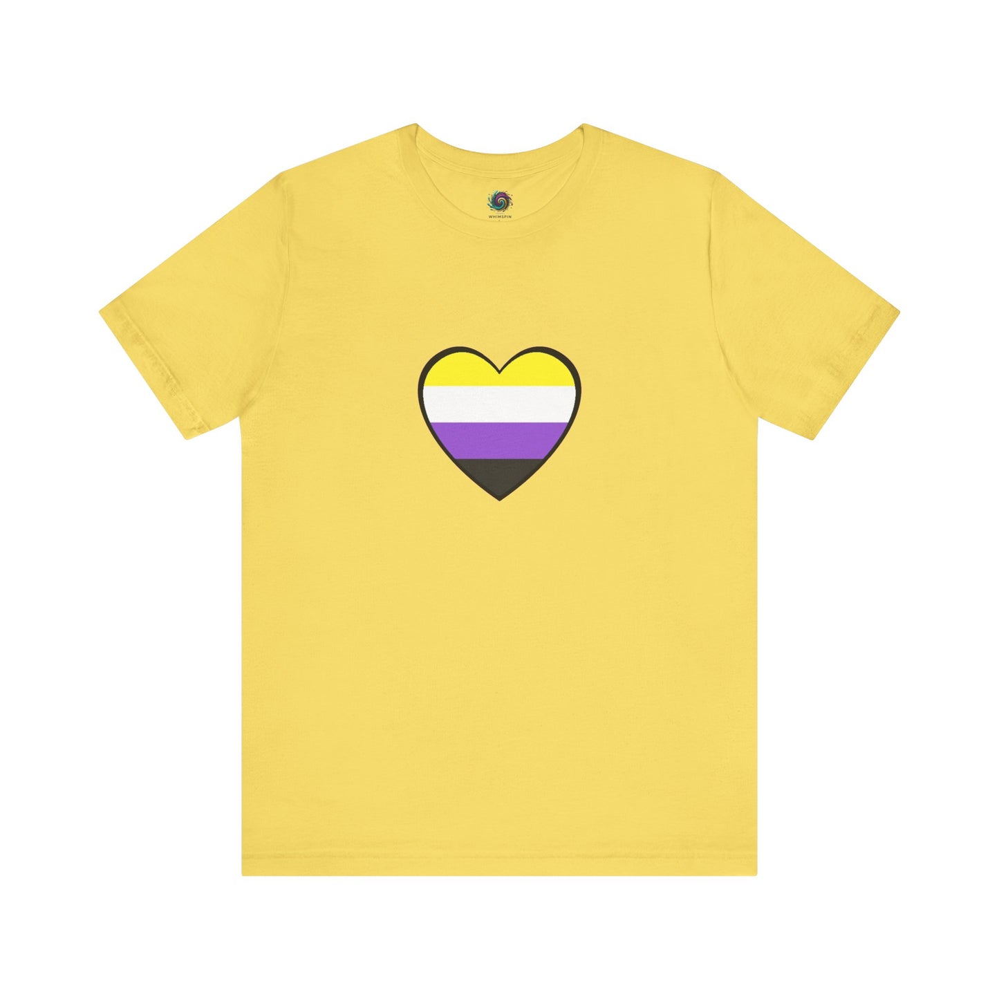 Nonbinary Heart Tee – Unisex Shirt with Nonbinary Pride Flag in yellow flat lay image on a white background, the shirt features a nonbinary heart in the center of the chest.