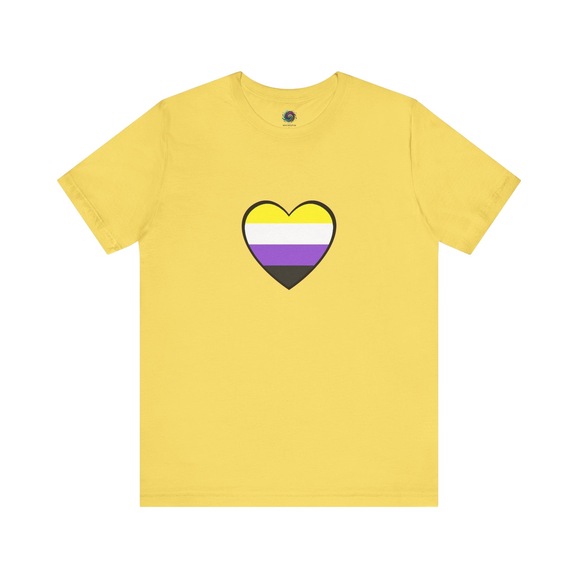 Nonbinary Heart Tee – Unisex Shirt with Nonbinary Pride Flag in yellow flat lay image on a white background, the shirt features a nonbinary heart in the center of the chest.