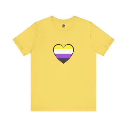 Nonbinary Heart Tee – Unisex Shirt with Nonbinary Pride Flag in yellow flat lay image on a white background, the shirt features a nonbinary heart in the center of the chest.