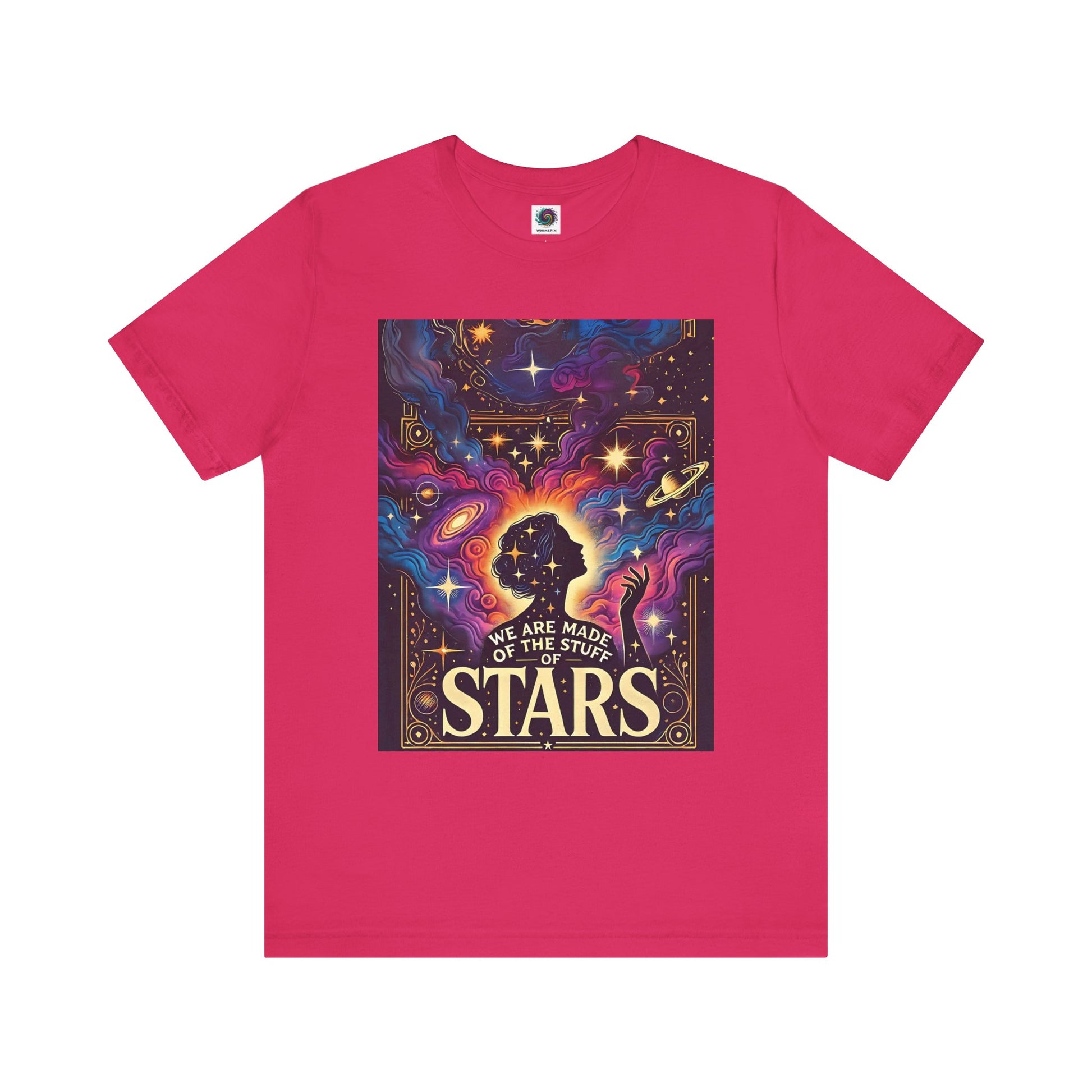Fuchsia t-shirt with vivid cosmic art design and powerful space goddess energy — metaphysical fashion statement