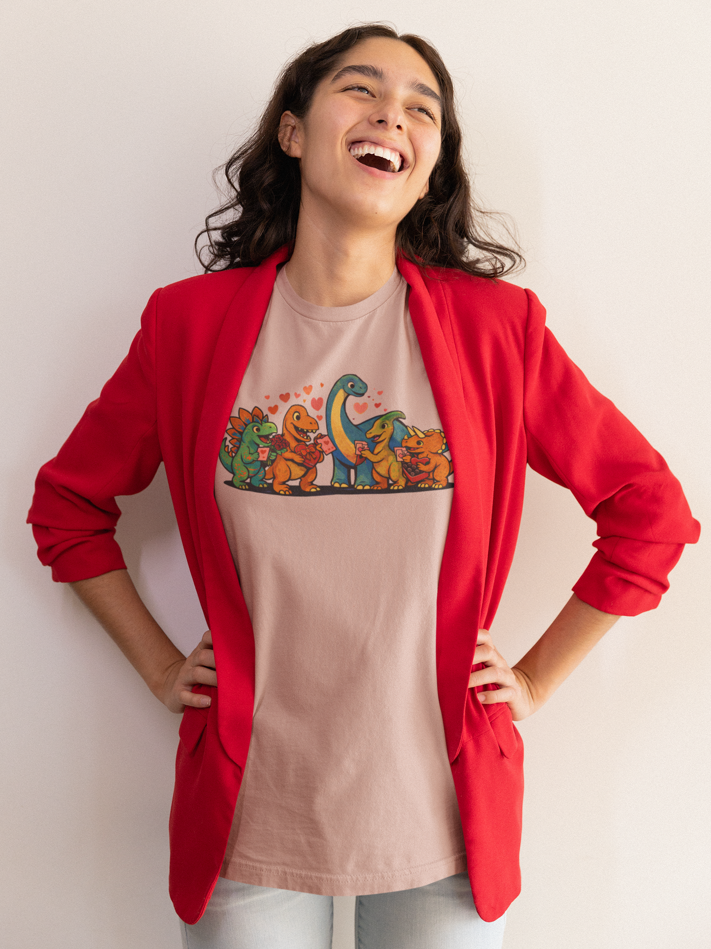 Dinosaur Valentines T-Shirt – Cute Dino Valentine’s Day Tee captured in a lively Valentine-inspired environment with colorful dinosaur valentines graphics