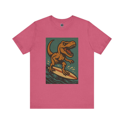 Surfing T-Rex T-Shirt – Funny Dinosaur Graphic Tee for Summer Vibes in heather raspberry, with a surfing dinosaur graphic made to stand out at the beach.