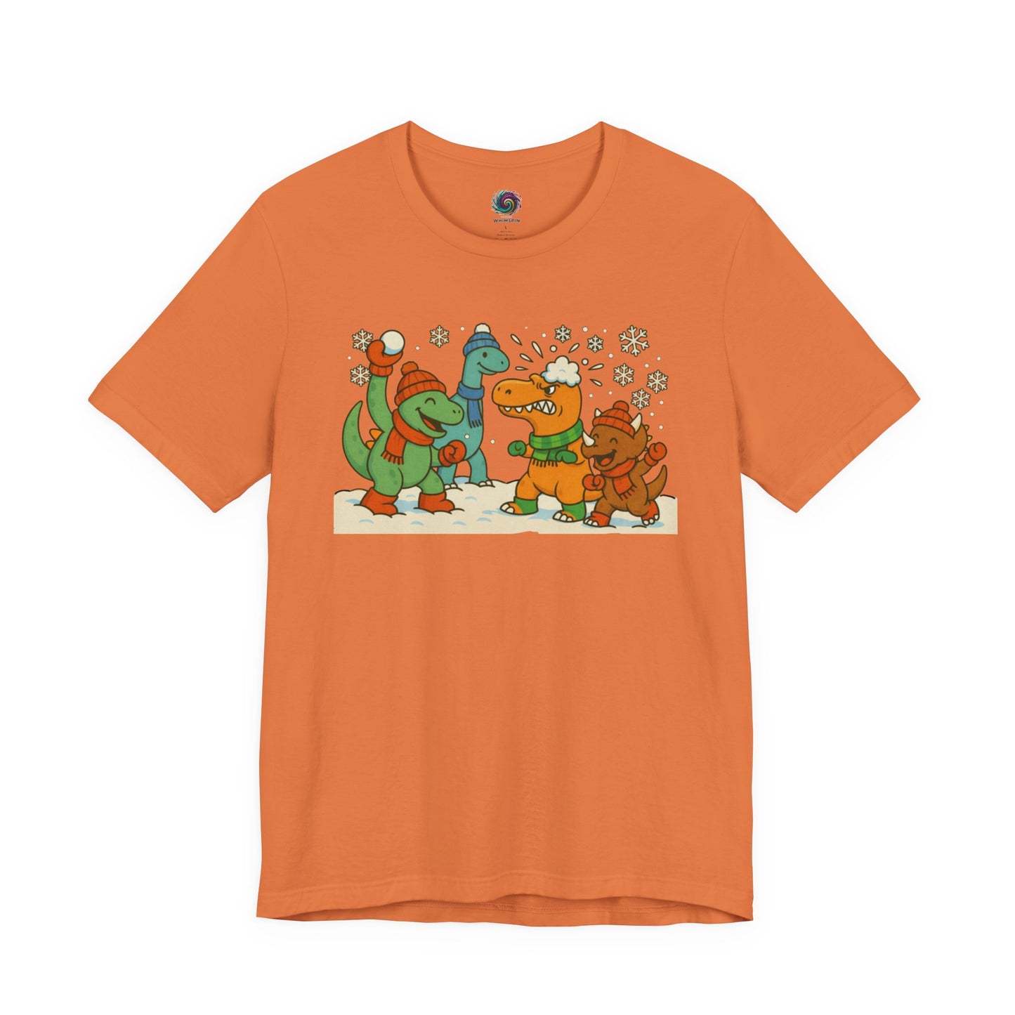 the Dinosaur Snowball Fight T-Shirt – Funny Winter Dino Graphic Tee in Burnt Orange, highlighting the playful winter dinosaur snow fight design.