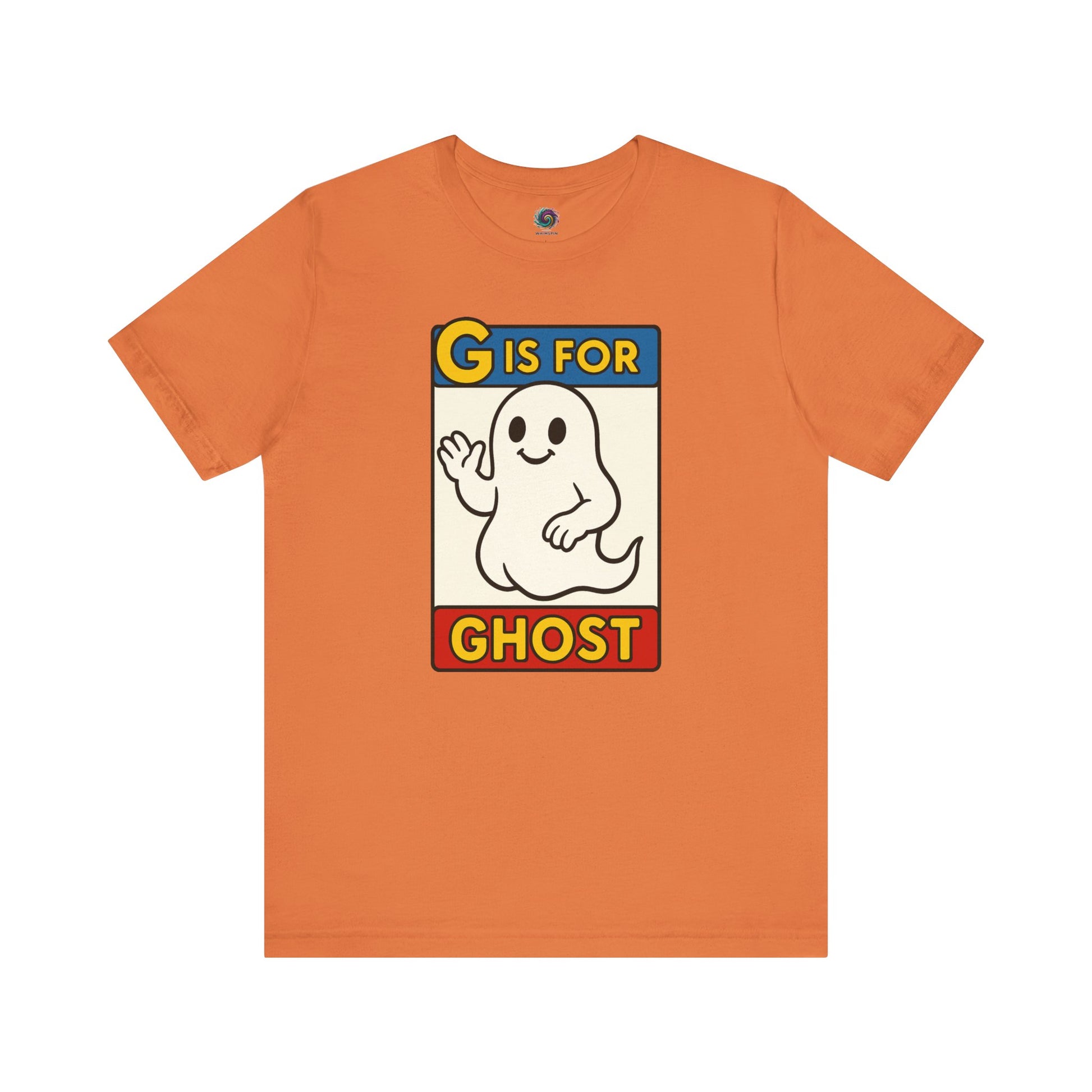 G is for Ghost T-Shirt – Funny Monster Alphabet Halloween Tee in burnt orange, bold funny Halloween ghost shirt with alphabet design.