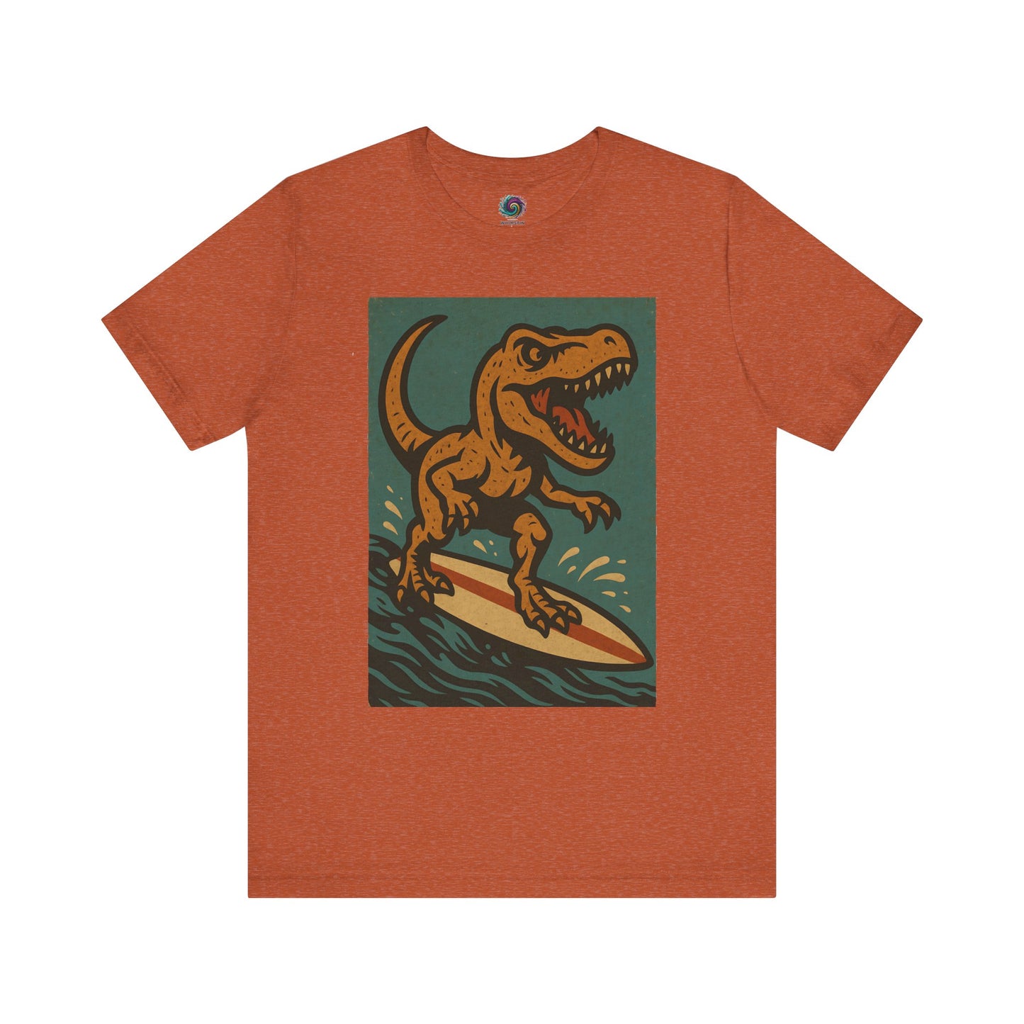Burnt Orange Surfing t-rex t shirt  from WhimSpin- A rearing t Rex riding a yellow surf board on the waves