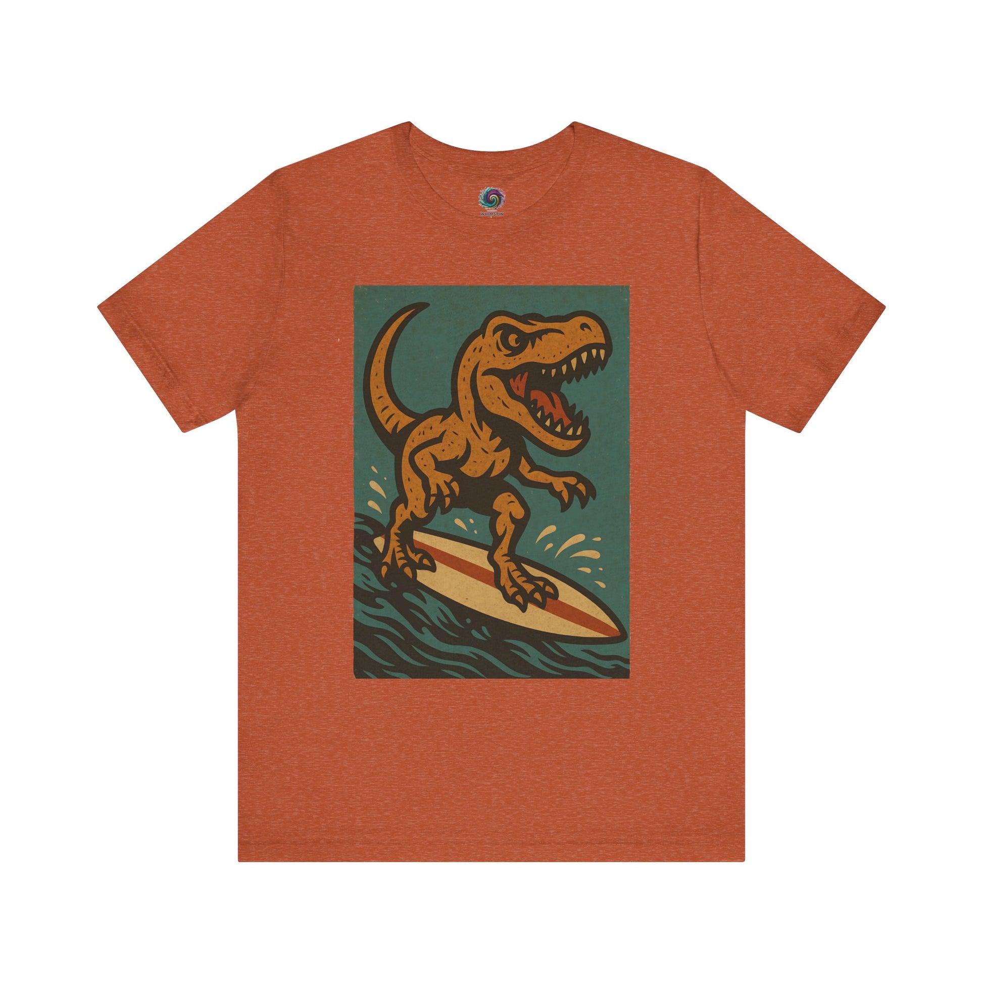 Burnt Orange Surfing t-rex t shirt  from WhimSpin- A rearing t Rex riding a yellow surf board on the waves