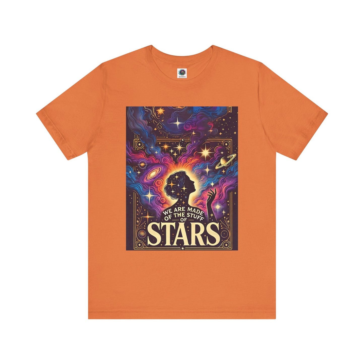 Burnt orange space goddess tee with mystical universe print and radiant nebula background