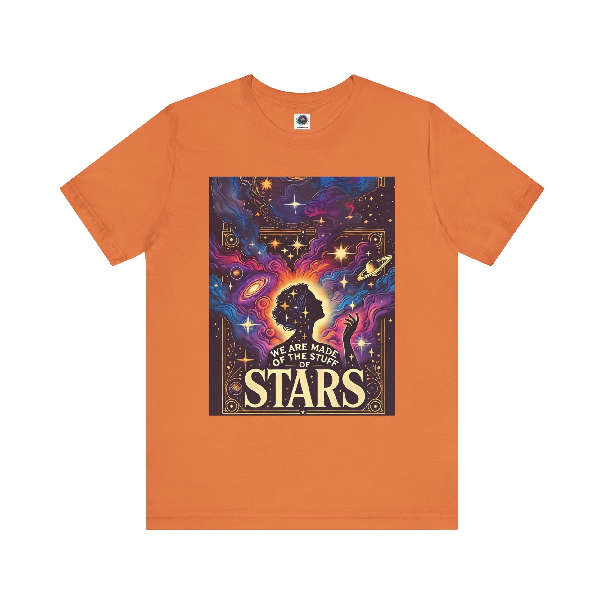 Burnt orange space goddess tee with mystical universe print and radiant nebula background