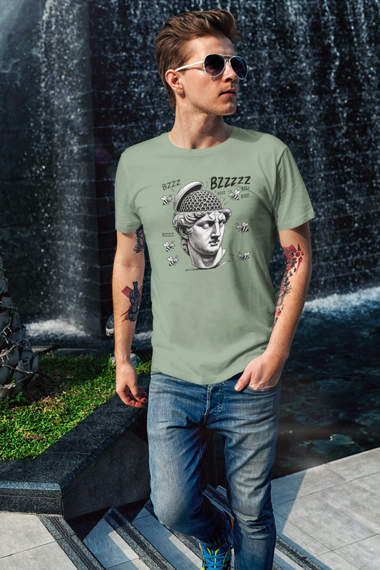 Hive Mind T-Shirt – Surreal Bee Group Think Parody Tee shown on man in sage shirt standing by waterfall