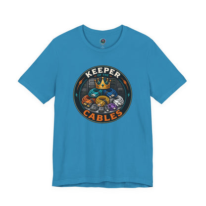 Keeper of the Cables T-Shirt – Funny Tech Dad Cable Tee on aqua for the dad who saves every mystery cord just in case.