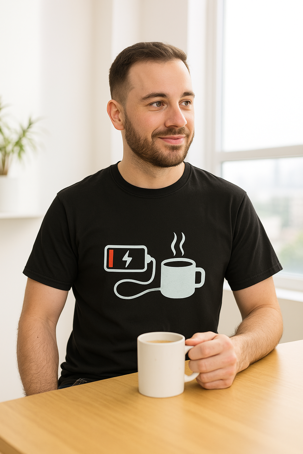 Low Battery Need Coffee T-Shirt in black worn by Man wearing a black t-shirt with a cup of coffee plugged into a charging battery design, sitting at a table holding a white mug.