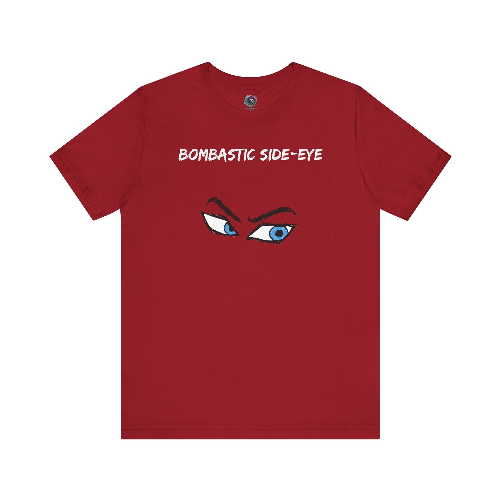 Bombastic Side-Eye T-Shirt – Comic Book Style Meme Graphic Tee in Canvas Red, showing the intense comic-style side-eye illustration.