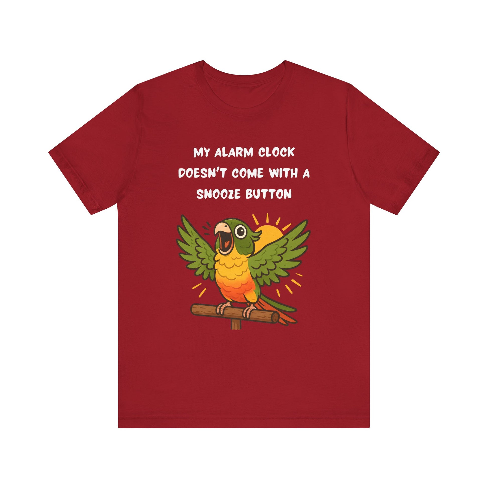 Parrot Alarm Clock T-Shirt – Funny Parrot Wake-Up Call Tee in Canvas Red, featuring the energetic cartoon parrot graphic with raised wings and the bold morning wake-up call text centered on the shirt.