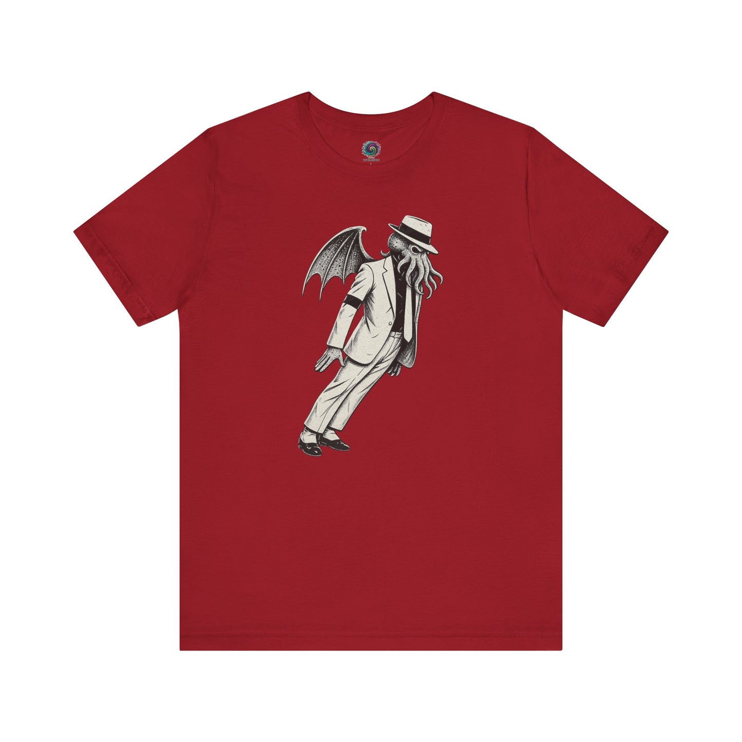 Smooth Cthulhu Unisex T-Shirt – Lovecraft Meets Smooth Criminal Style in canvas red, flat lay Smooth Cthulhu mash-up parody design.
