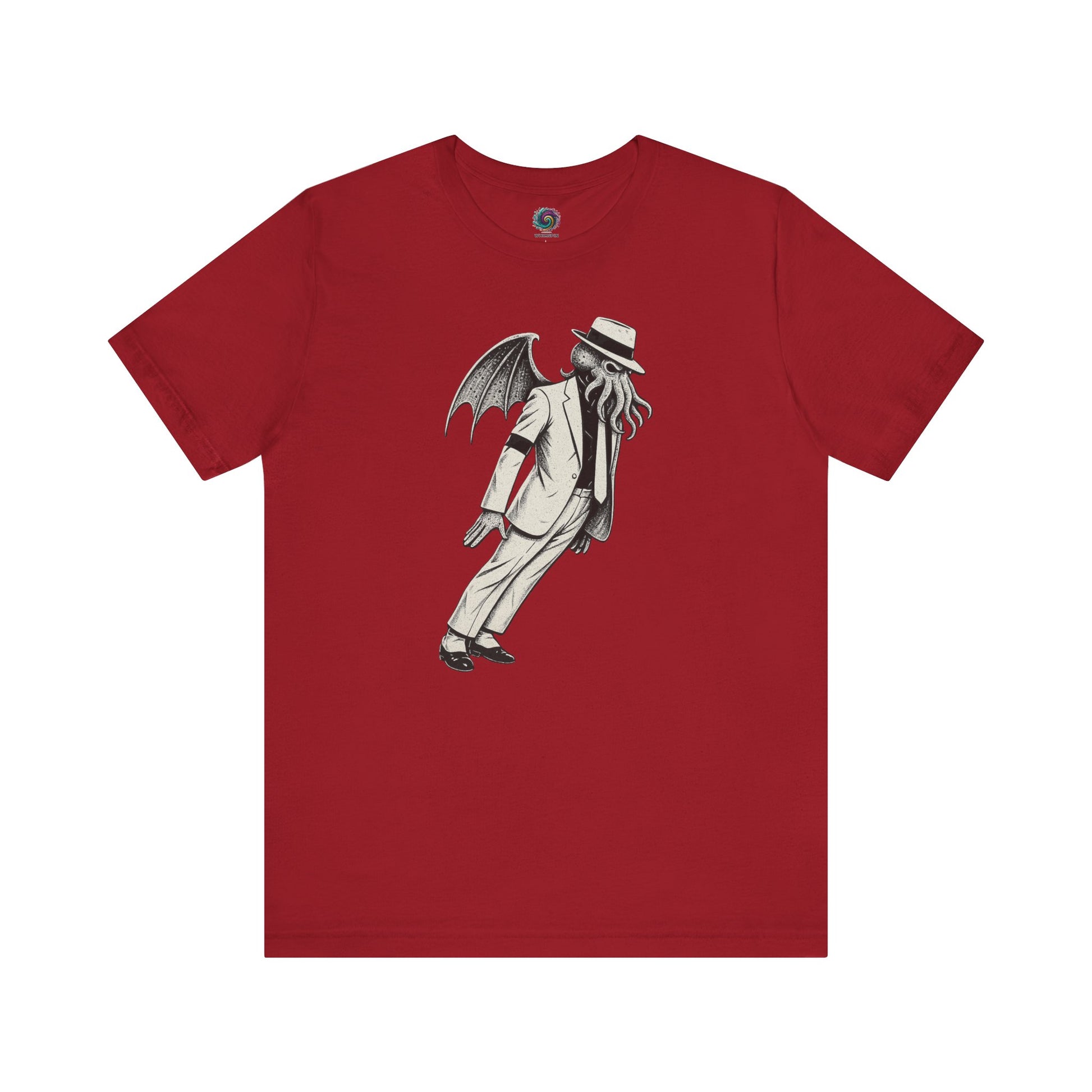Smooth Cthulhu Unisex T-Shirt – Lovecraft Meets Smooth Criminal Style in canvas red, flat lay Smooth Cthulhu mash-up parody design.