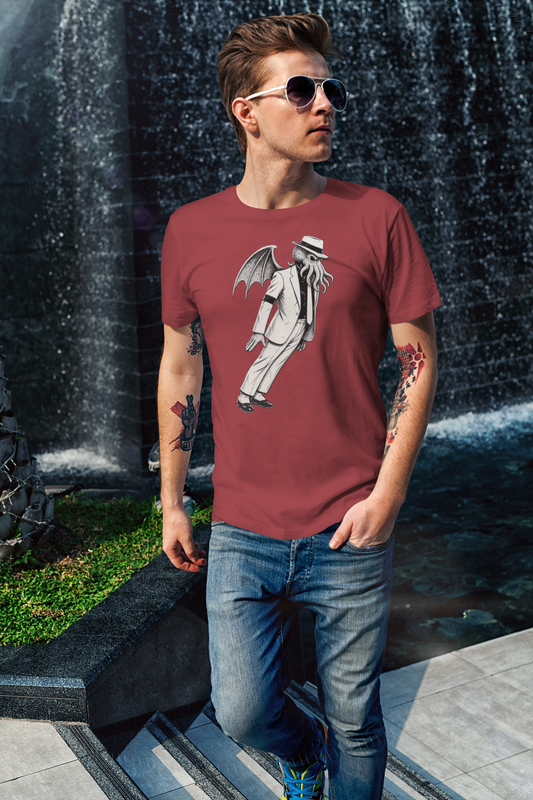 Smooth Cthulhu Unisex T-Shirt – Lovecraft Meets Smooth Criminal Style in canvas red, lifestyle photo outdoors with waterfall backdrop, playful Cthulhu Michael Jackson mash-up design.