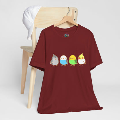 Cardinal Chirpy Flock Bird T-Shirt from WhimSpin 4 chibi cartoon pet birds lined up in a row. 