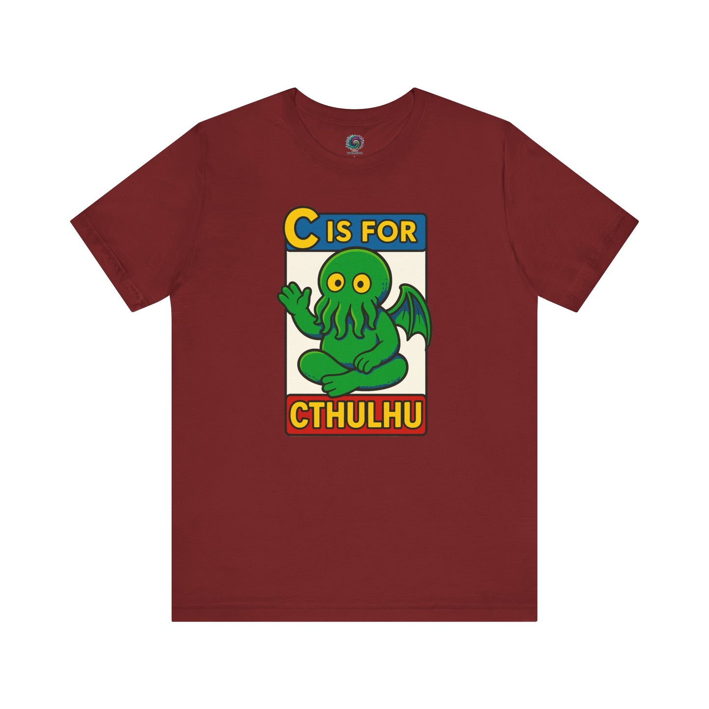 C is for Cthulhu T-Shirt – Lovecraftian Funny Cartoon Tee in cardinal, flat lay with Cthulhu cartoon artwork, funny mashup design.