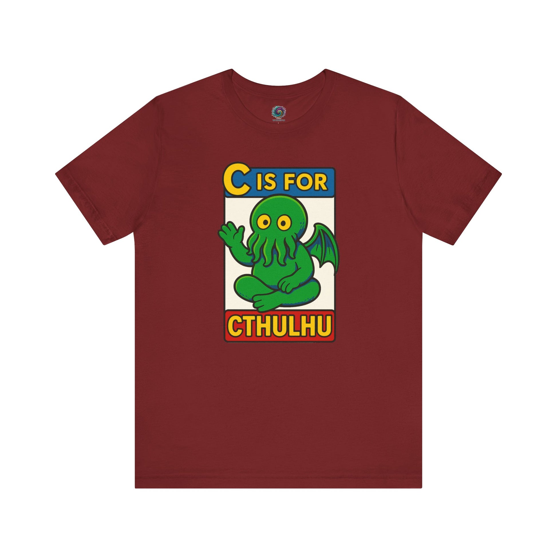 C is for Cthulhu T-Shirt – Lovecraftian Funny Cartoon Tee in cardinal, flat lay with Cthulhu cartoon artwork, funny mashup design.