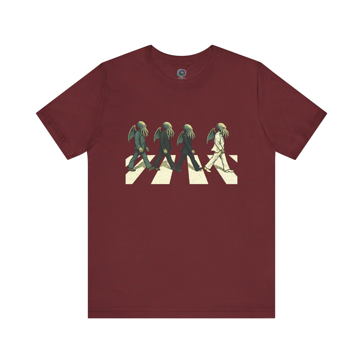 Cthulhu Crossing T-Shirt – Beatles Abbey Road Parody Tee in heather cardinal, flat lay Cthulhu rocker parody.