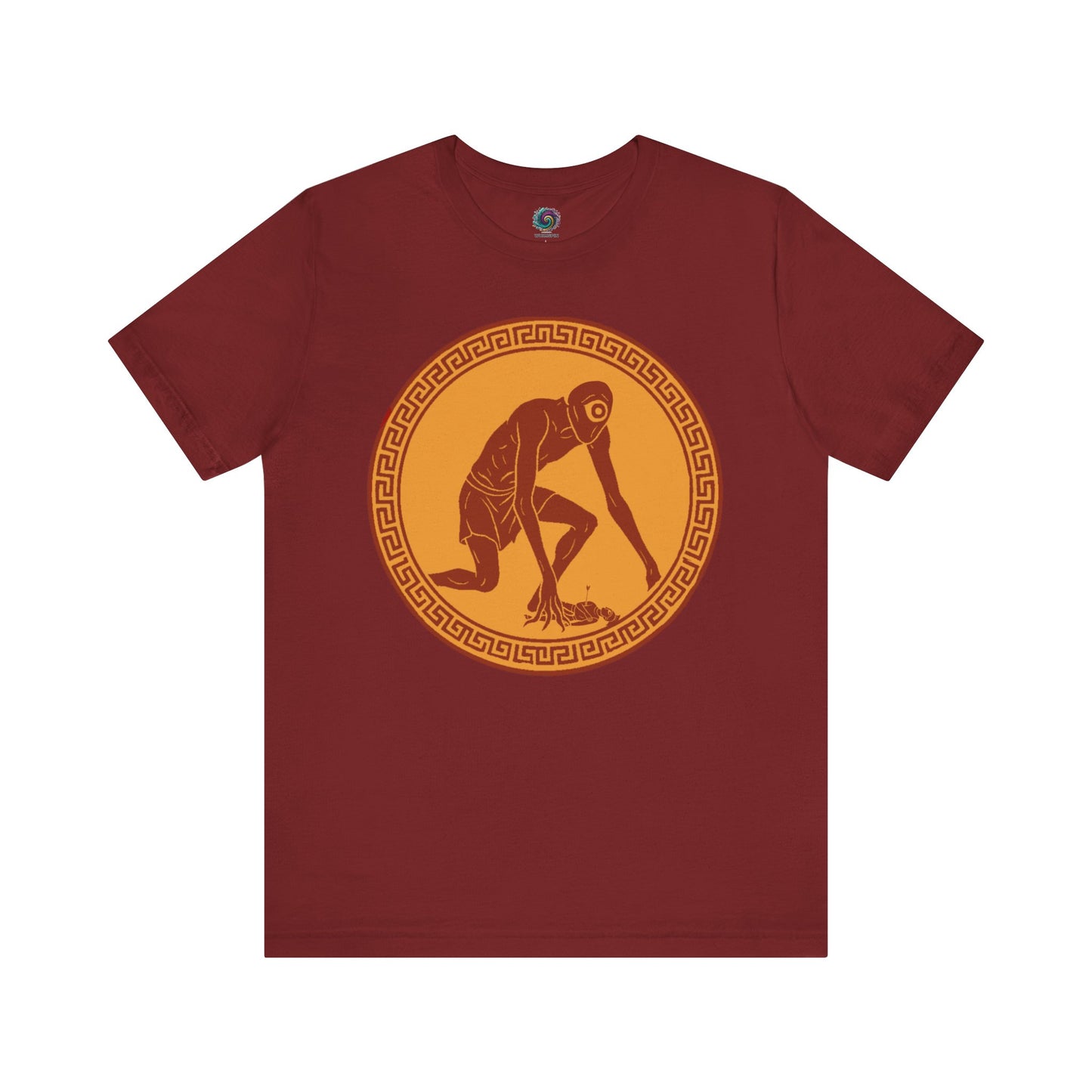Cardinal Red graphic tee with a central red and gold circular design featuring a stylized image of Polyphemus, Cyclops from The Odyssey - perfect for fans of Epic The Musical