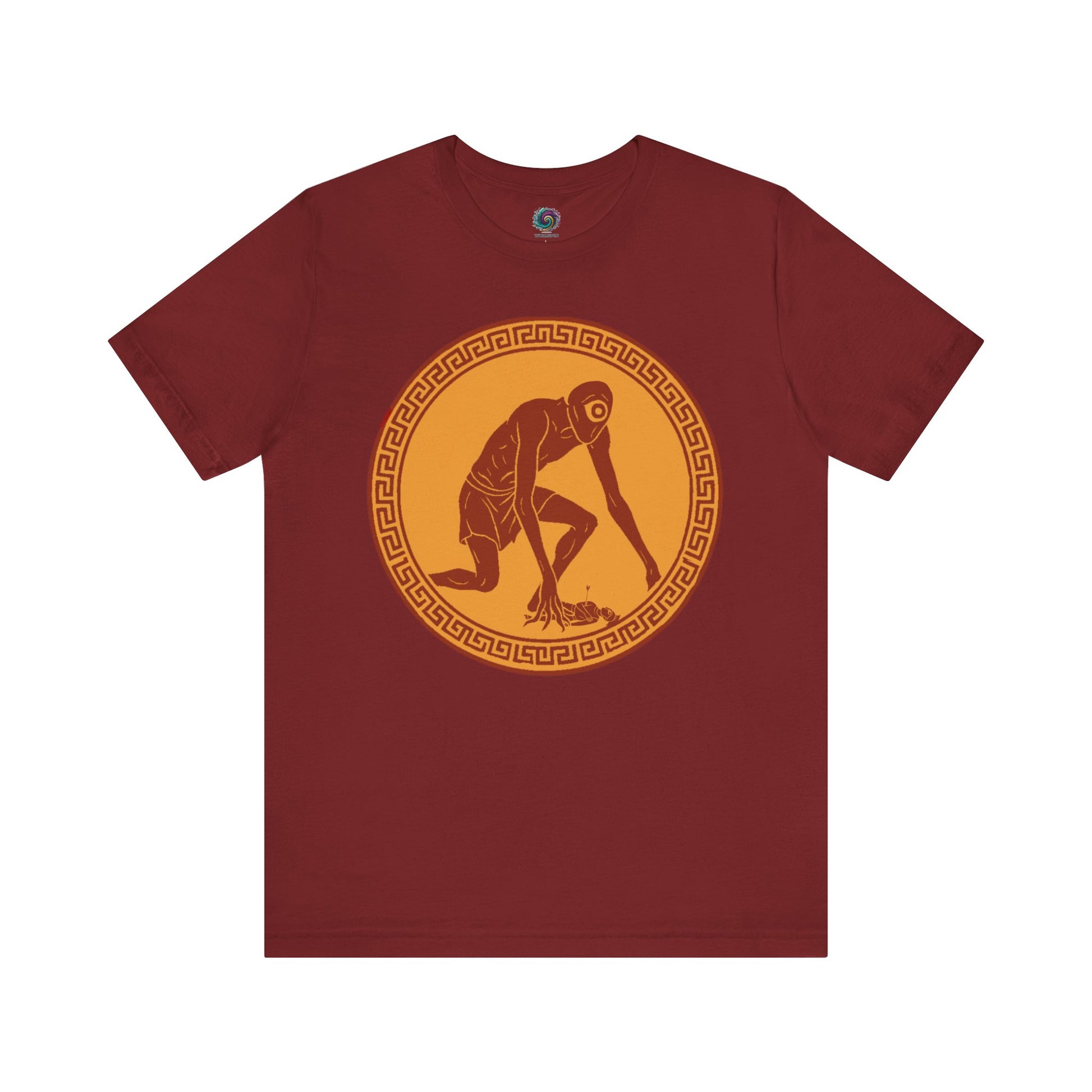 Cardinal Red graphic tee with a central red and gold circular design featuring a stylized image of Polyphemus, Cyclops from The Odyssey - perfect for fans of Epic The Musical