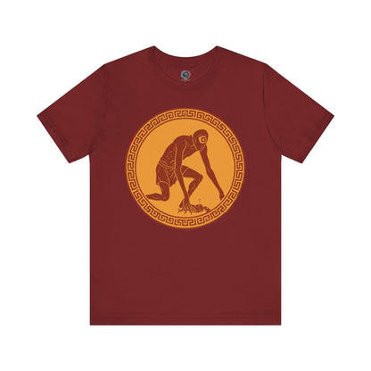 Cardinal Red graphic tee with a central red and gold circular design featuring a stylized image of Polyphemus, Cyclops from The Odyssey - perfect for fans of Epic The Musical