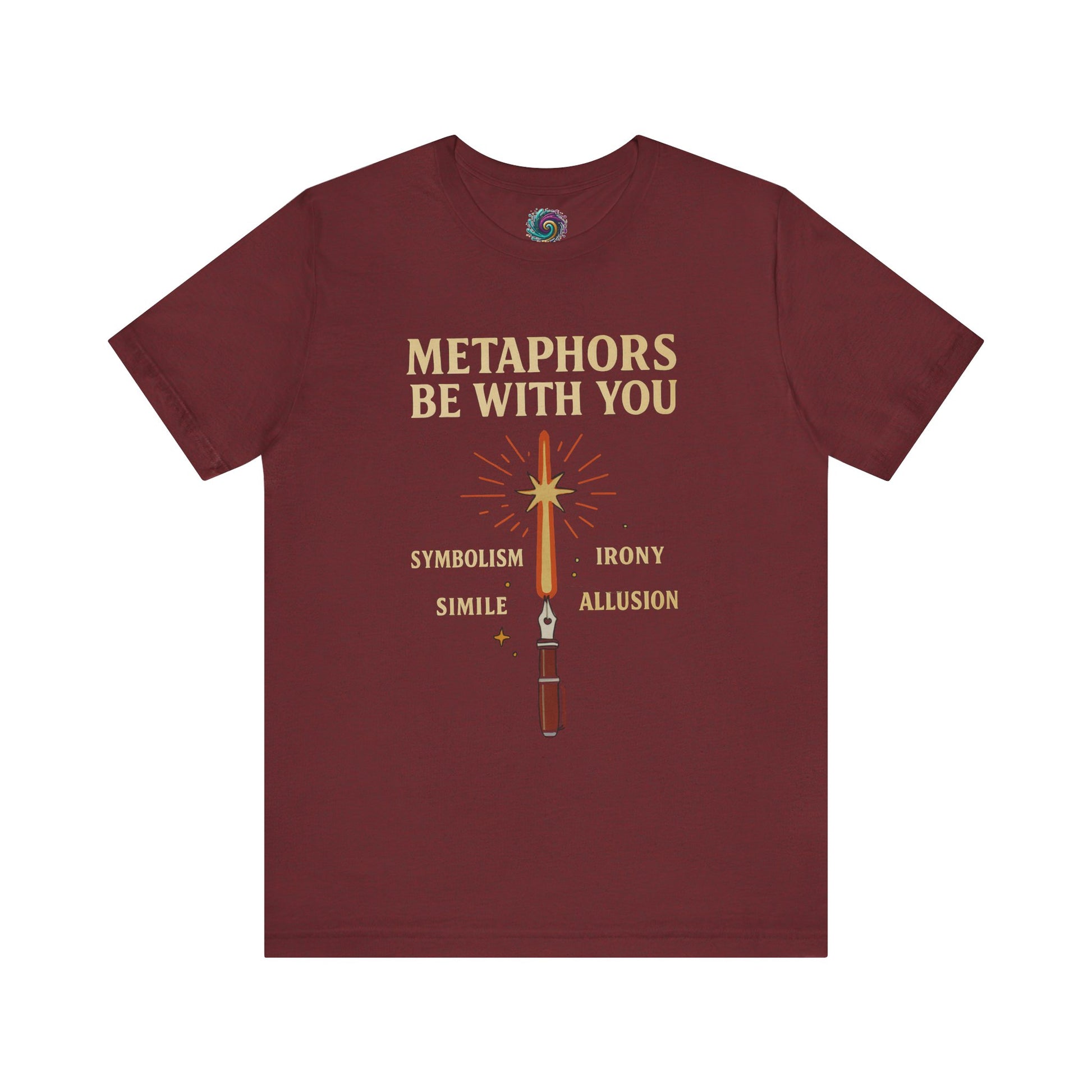 Cardinal Red t-shirt with text and graphic design on a white background Metaphors Be With You T-Shirt from WhimSpin
