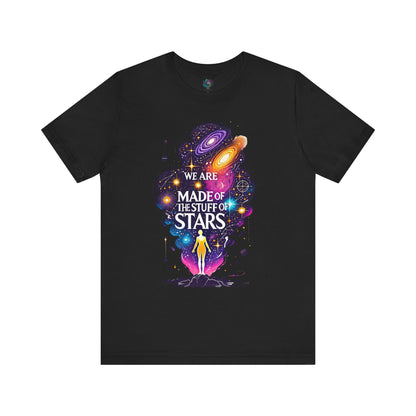 We Are Made of Star Stuff T-Shirt – Cosmic Carl Sagan Tee in black with a bold star-filled design honoring space and exploration.