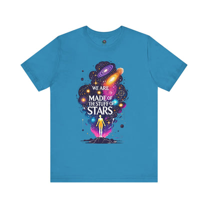 We Are Made of Star Stuff T-Shirt – Cosmic Galaxy Tee Shirt in aqua featuring a colorful universe-inspired design for Carl Sagan fans.