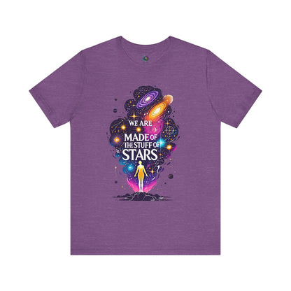 We Are Made of Star Stuff T-Shirt – Carl Sagan Inspired Tee in heather team purple with a swirling starfield design.