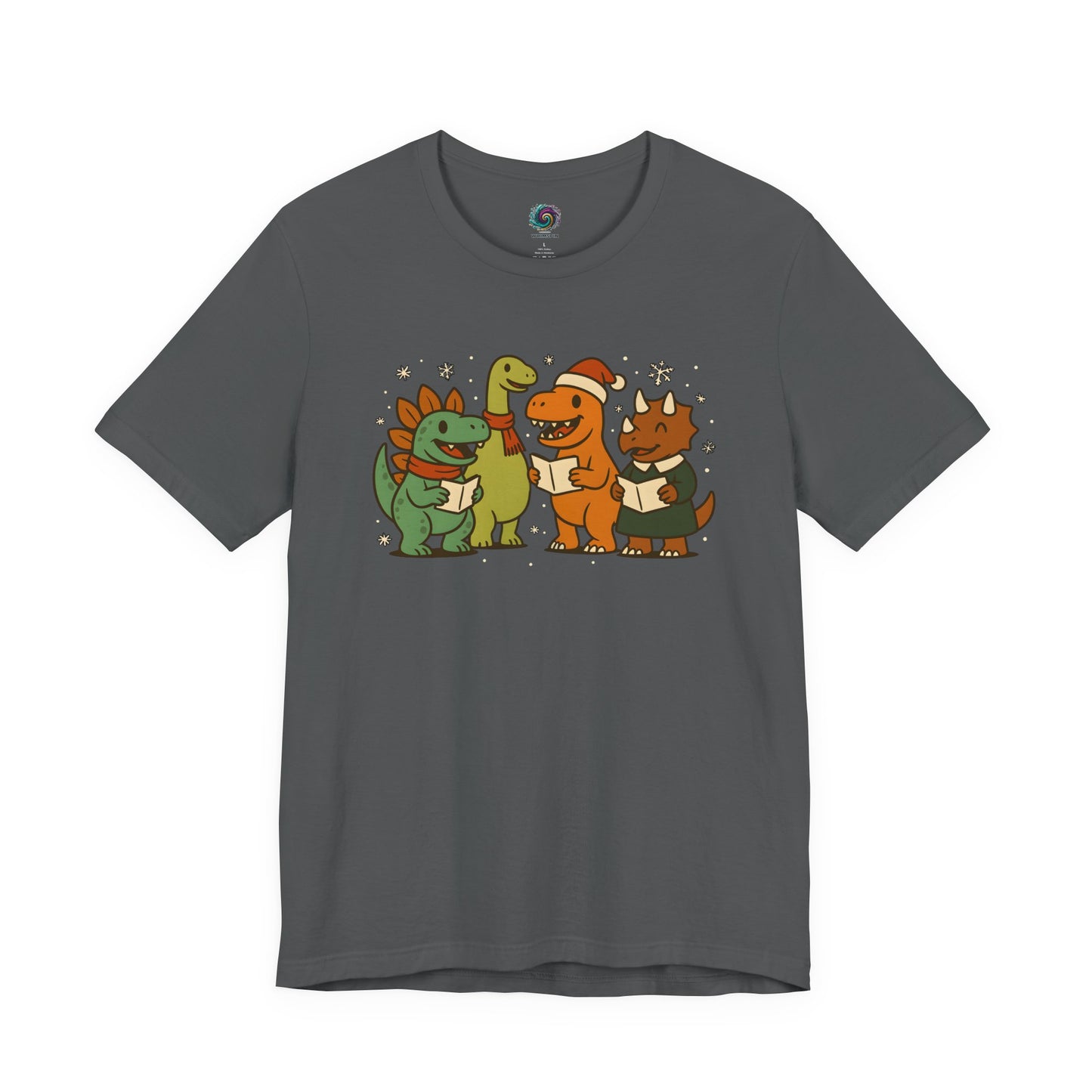 Dinosaur Carolers T-Shirt – Cute Dino Christmas Singing Tee on dark asphalt background featuring dino carolers with snowflakes