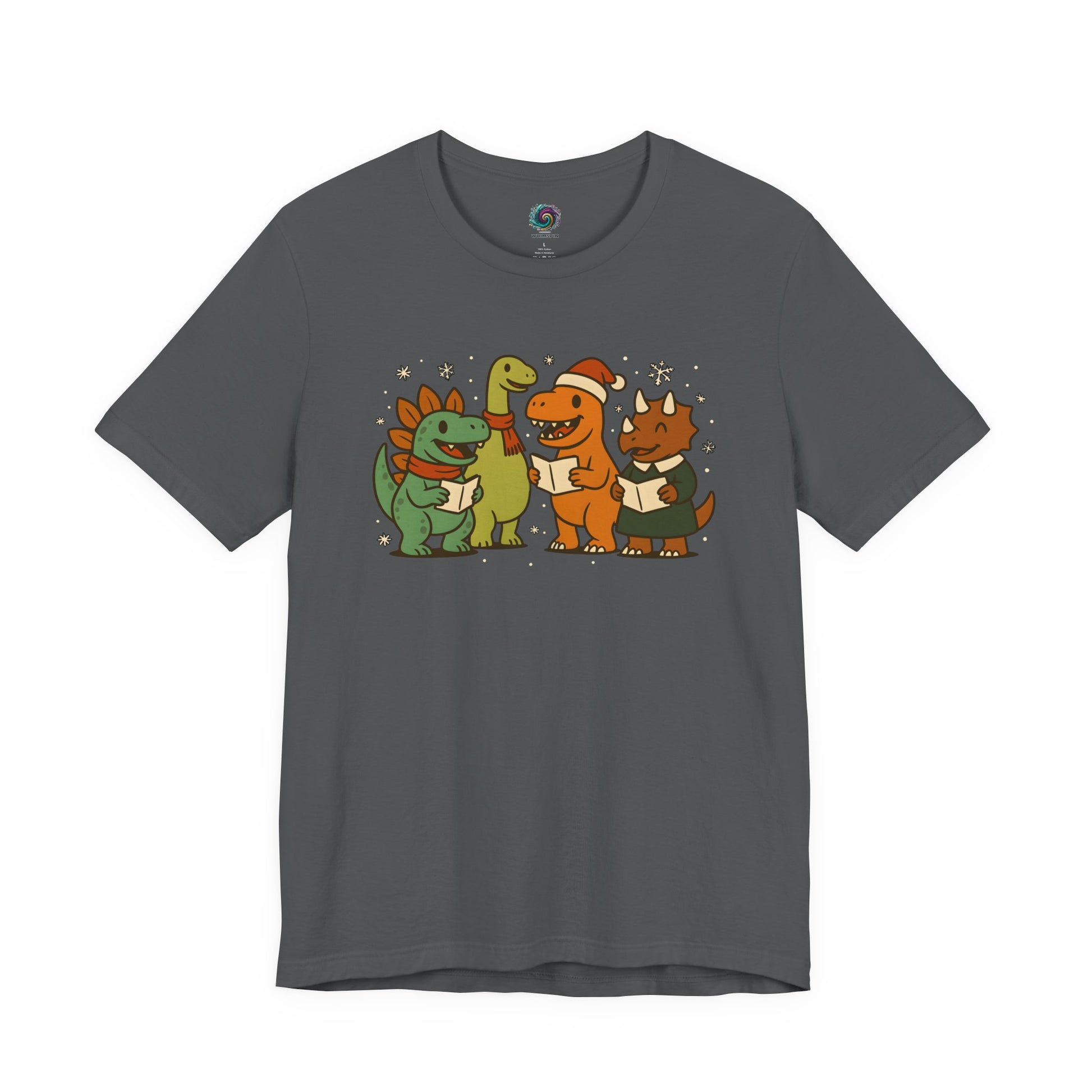 Dinosaur Carolers T-Shirt – Cute Dino Christmas Singing Tee on dark asphalt background featuring dino carolers with snowflakes