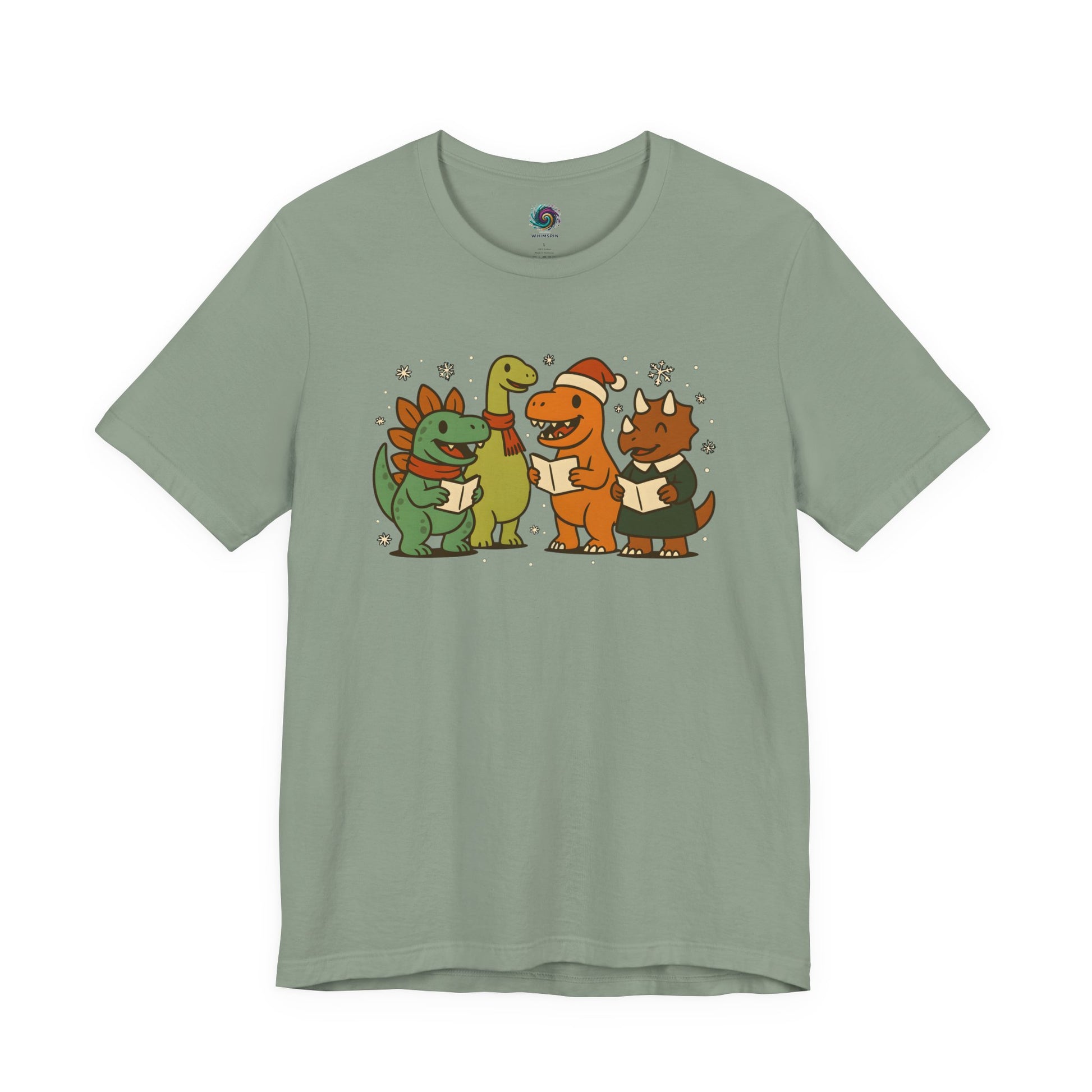 Dinosaur Carolers T-Shirt – Cute Dino Christmas Singing Tee in sage with holiday-themed dinosaurs and musical notes