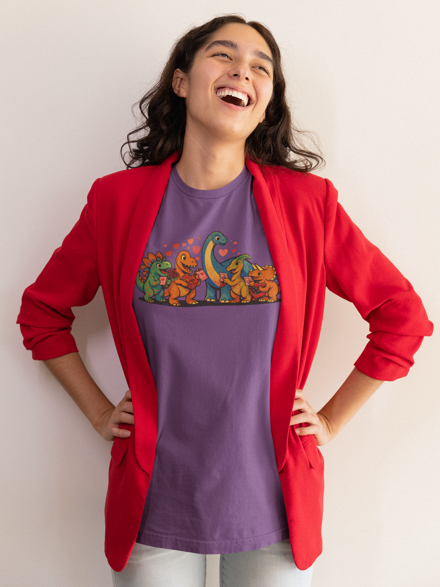 Dinosaur Valentines T-Shirt – Cute Dino Valentine’s Day Tee worn in a relaxed pose, emphasizing the cute dinosaur valentines illustration and everyday wearability