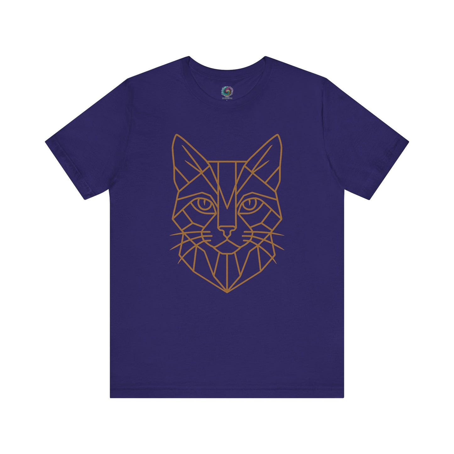 Geometric Cat T-Shirt – Minimalist Line Art Tee for Modern Cat Lovers in team navy with a golden geometric feline face graphic, ideal for vector art cat enthusiasts.