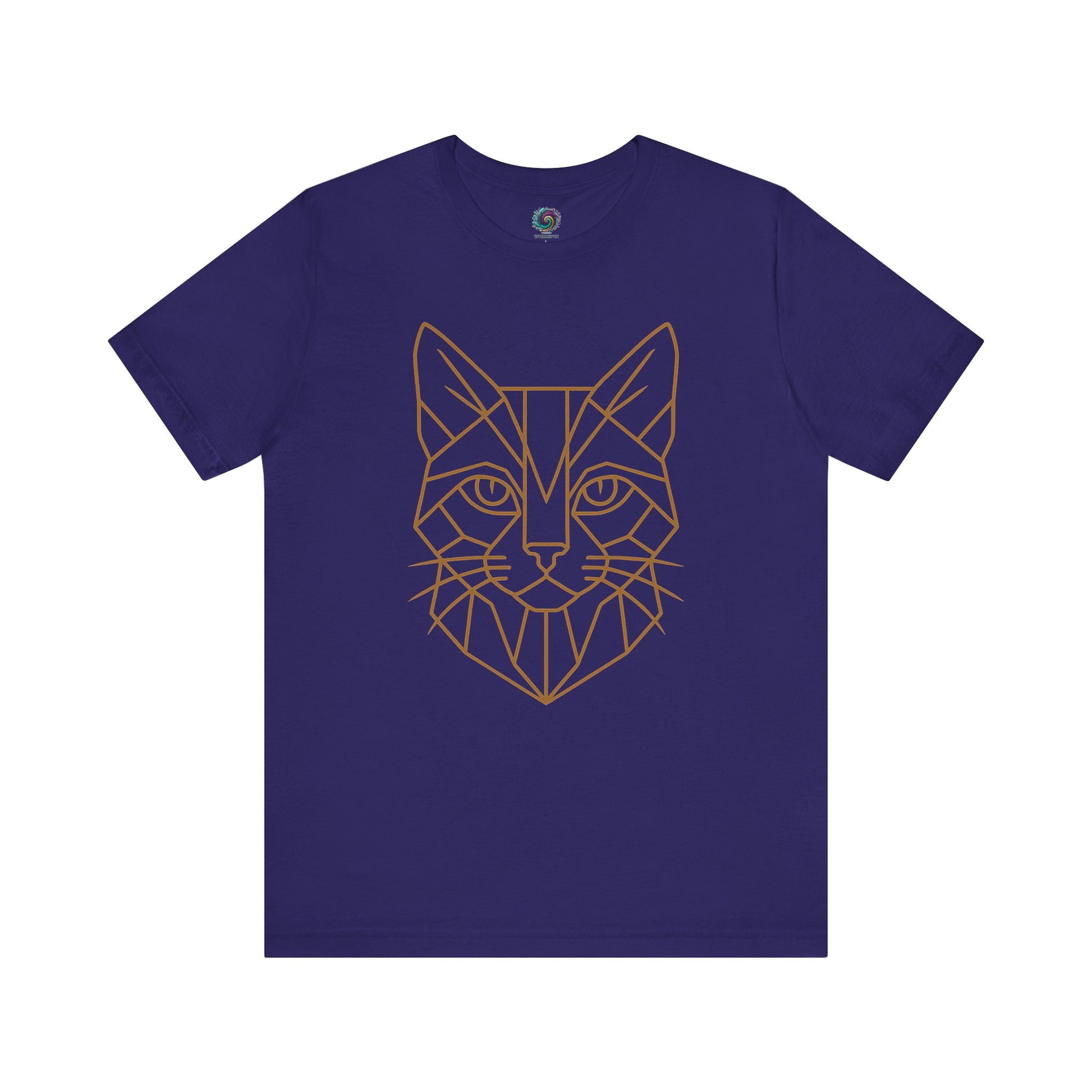 Geometric Cat T-Shirt – Minimalist Line Art Tee for Modern Cat Lovers in team navy with a golden geometric feline face graphic, ideal for vector art cat enthusiasts.