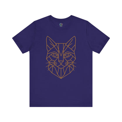 Geometric Cat T-Shirt – Minimalist Line Art Tee for Modern Cat Lovers in team navy with a golden geometric feline face graphic, ideal for vector art cat enthusiasts.