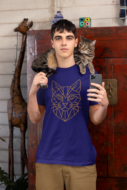 Young man wearing the Geometric Cat T-Shirt – Minimalist Line Art Tee for Modern Cat Lovers in team navy, with a tabby cat perched on his shoulders, emphasizing vector art cats and minimalistic style.
