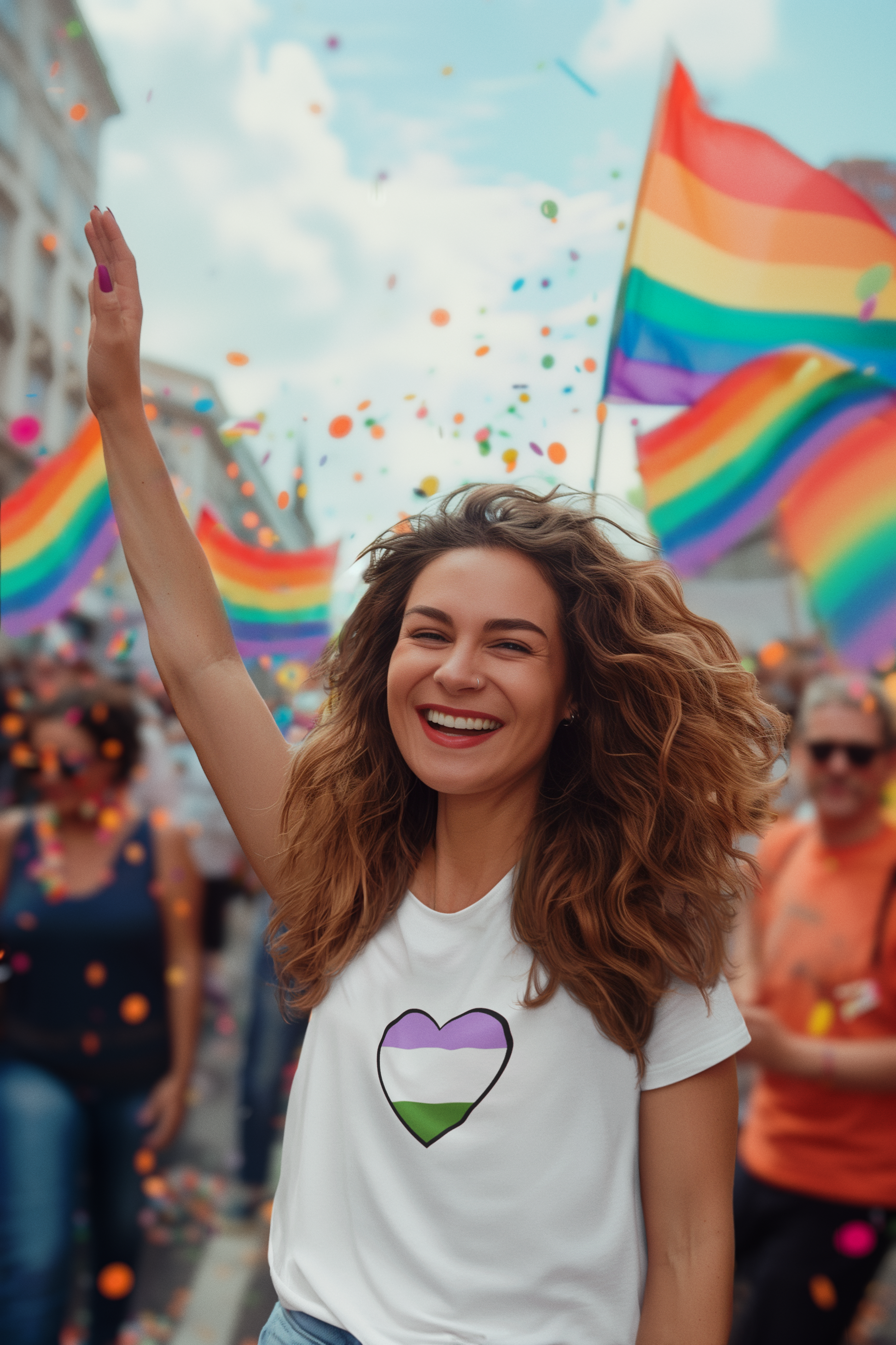 Genderqueer Flag Heart T-Shirt – Unisex LGBTQ+ Graphic Tee worn by a joyful woman celebrating at a pride parade, representing visibility and genderqueer empowerment.