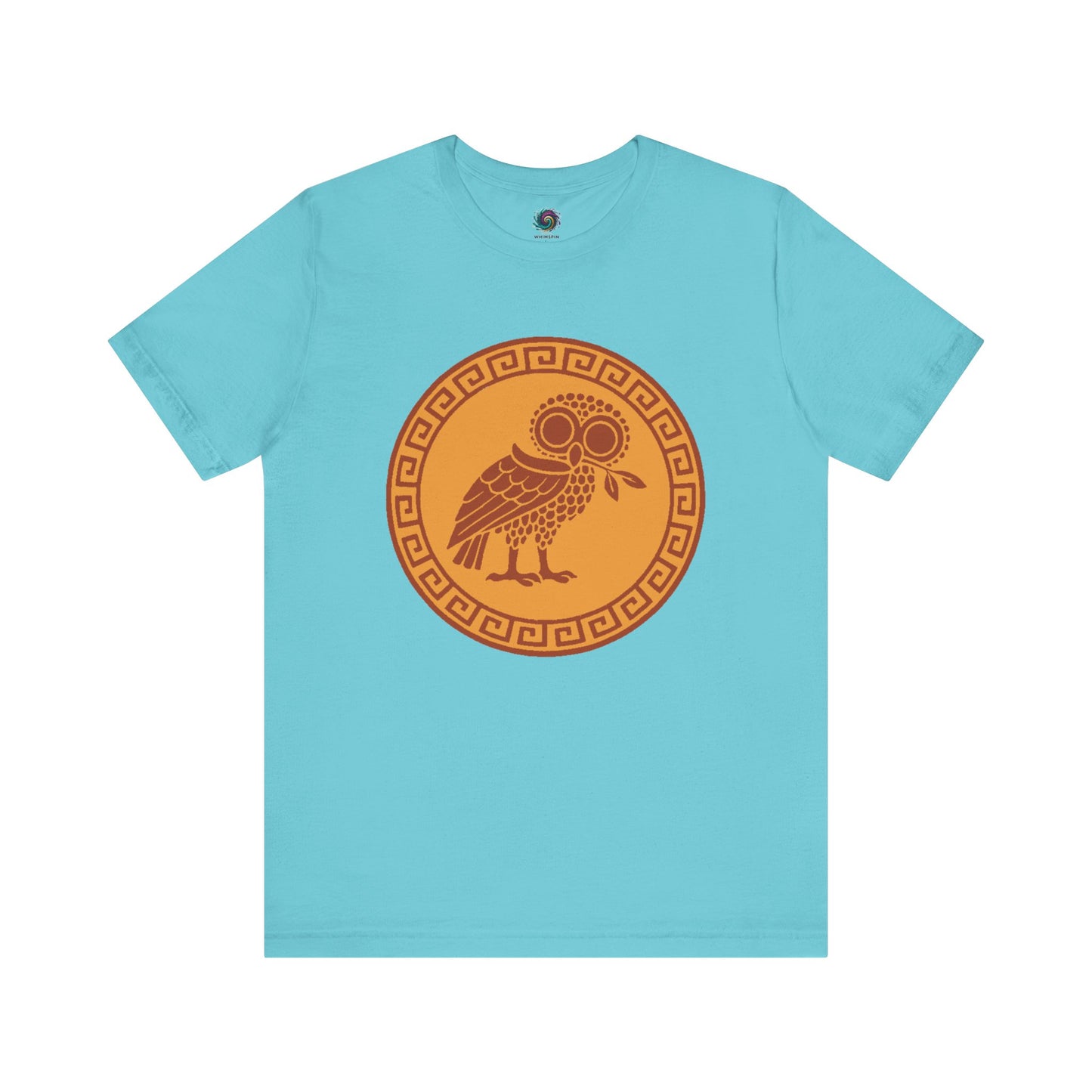 Athena’s Owl T-Shirt in vibrant turquoise, symbolizing divine insight and featuring Athena’s owl in flight, perfect for mythology fans.